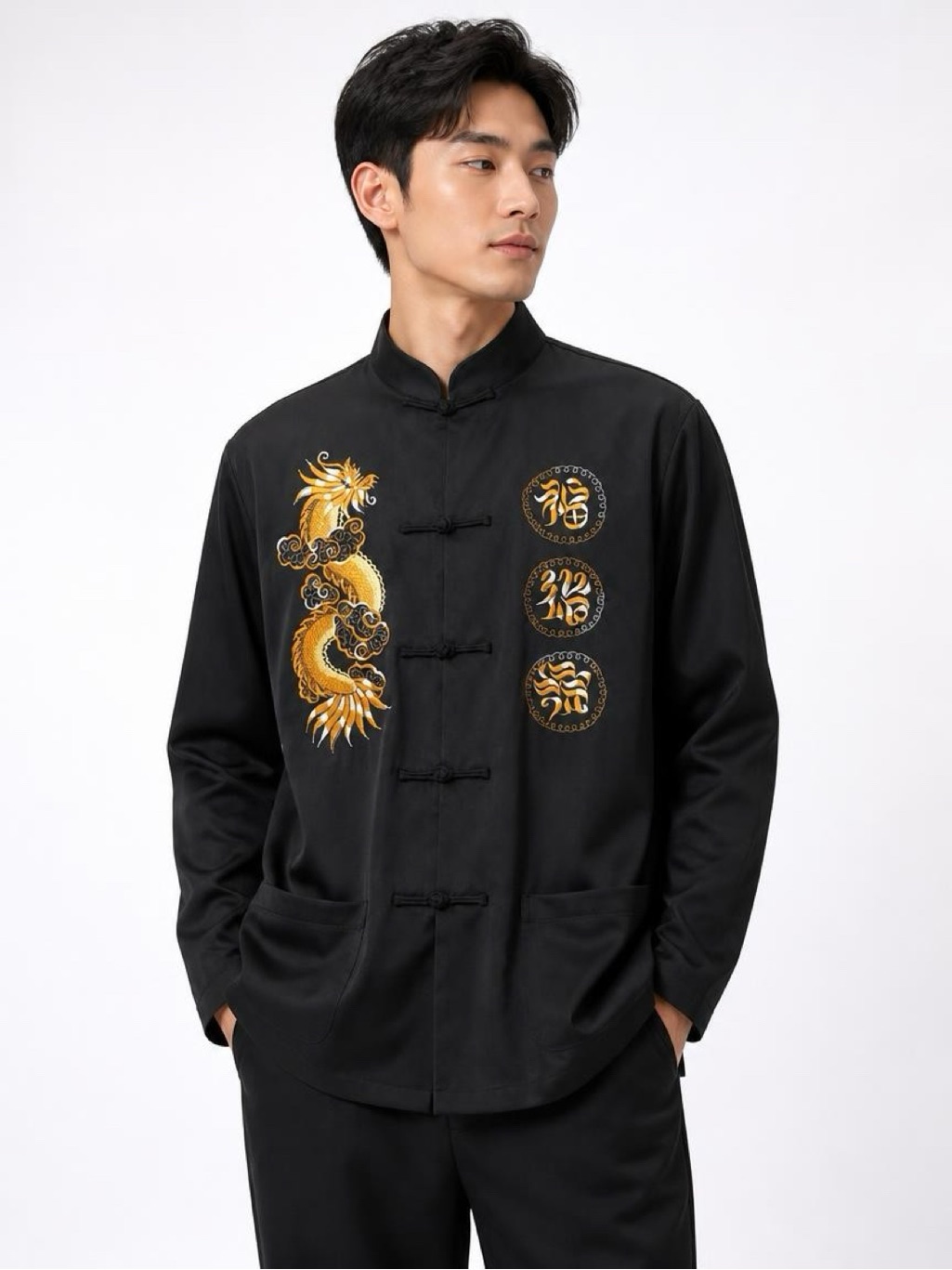 Vintage-Style Chinese Tang Suit Jacket - Black With Gold Dragon Embroidery (M)